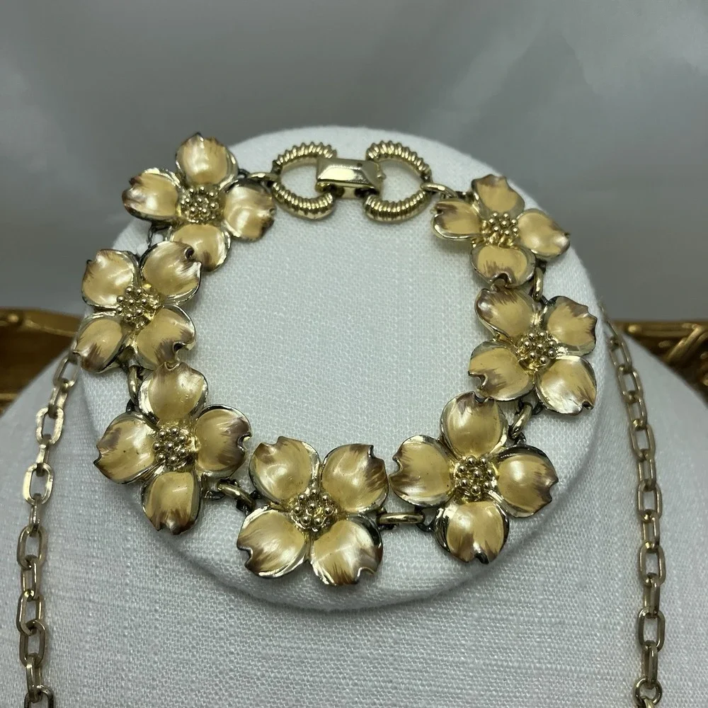Vtg 50's Dogwood Gold Tone Collar/Choker‎ Necklace & Bracelet NC Flower Romantic